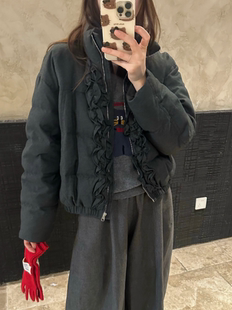 韩系时尚保暖木耳边拼接羽绒服外套女2025冬季新款短款洋气外套潮