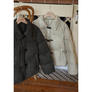 Muir缪尔 冬日恋歌 毛呢短款羽绒服女冬季牛角扣白鸭绒面包服外套