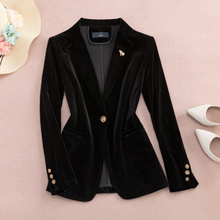 金丝绒黑色小西装外套女装春秋设计感职业时尚修身两件套西服套装