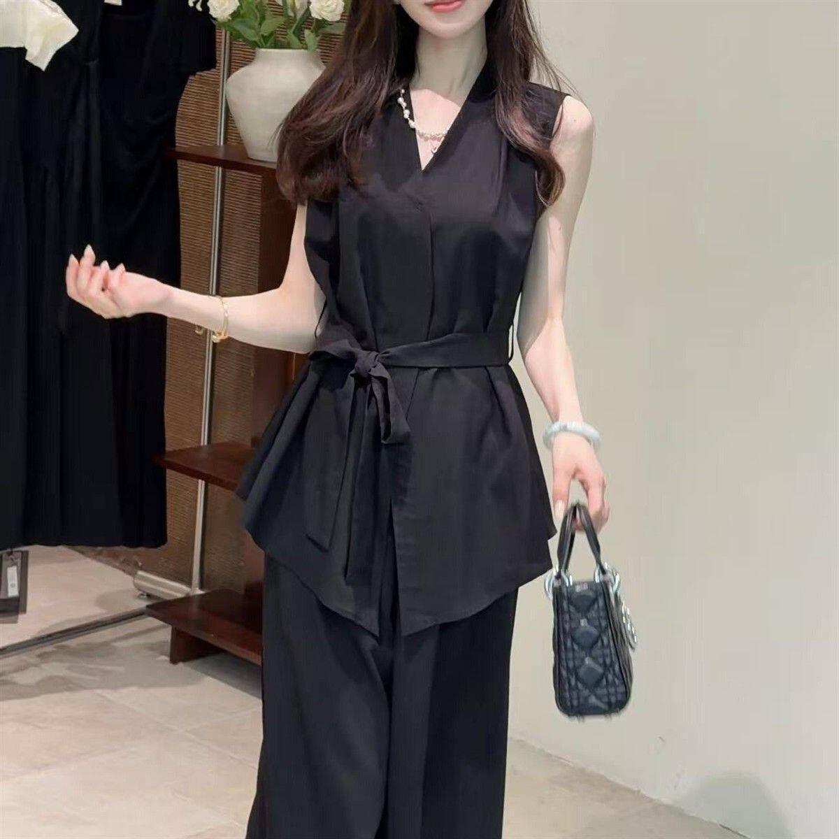 高端夏新收腰显瘦时尚休闲棉麻套装女无袖小衫阔腿两件套