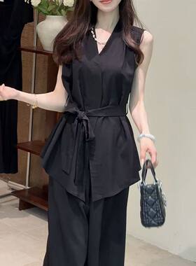 高端夏新收腰显瘦时尚休闲棉麻套装女无袖小衫阔腿两件套