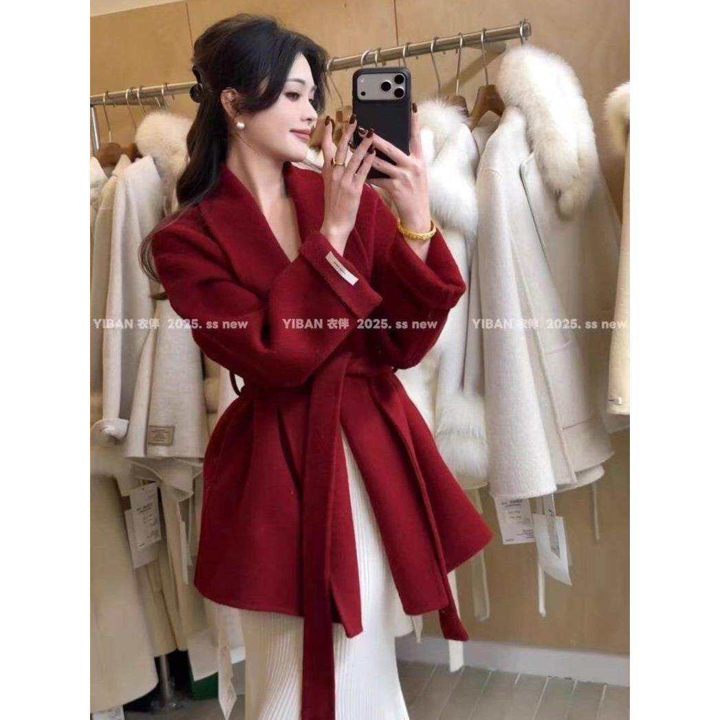 双面羊毛呢高端外套2026气质收腰显瘦女士小个子中长款羊毛呢百搭