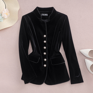新中式金丝绒套装2025春秋季新款短款修身立领丝绒西服小西装外套