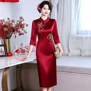 高端醋酸喜婆婆婚宴装旗袍年轻妈妈婚礼礼服洋气新中式连衣裙