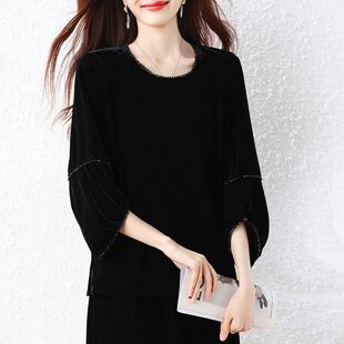 黑色七分袖丝绒T恤女圆领2026新款宽松遮肚显瘦洋气打底衫上衣秋