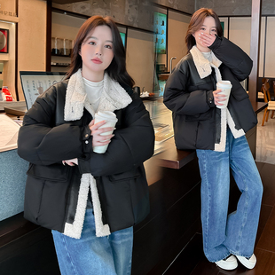 冬季羊羔毛拼接立领设计感羽绒棉服女冬加厚短款2025冬季棉衣棉袄