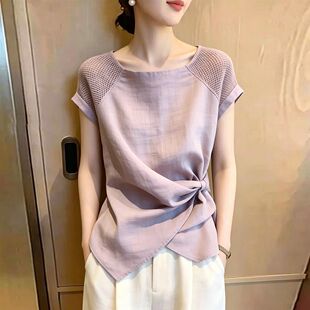 设计感小众扭结紫色上衣女士夏季新款短袖不规则衬衫别致漂亮小衫