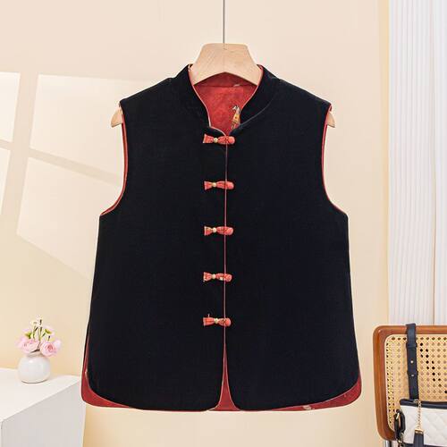 新中式国风复古立领背心马甲背心女高端两面穿金丝绒拼接提花坎肩 - 封面