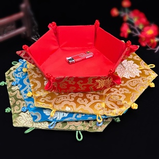 中式六角织锦糖果盒丝绸果盘杂物筐收纳盘中国风创意礼品家居用品