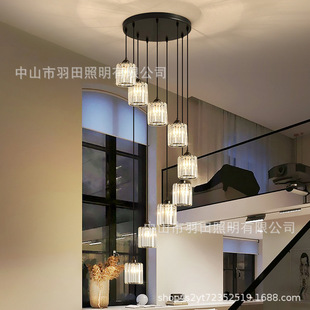 楼梯吊灯长吊灯LOFT复式 轻奢北欧现代简约别墅客厅网红旋转水晶灯