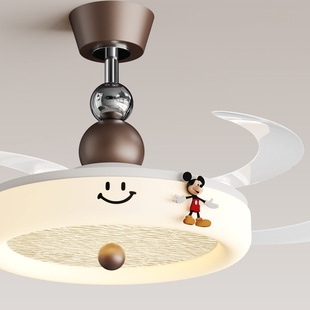 隐形风扇灯中古风餐厅吊扇灯新款 复古胡桃木色极简超薄卧室电扇灯