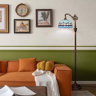 欧琈蒂凡尼维多利风格 蓝色地中海羽毛室内照明柔光拱形鹅颈落地灯