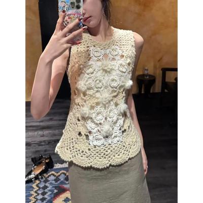 【高品质】swaying纯手工钩花镂空立体花朵针织背心拼接羊毛上衣