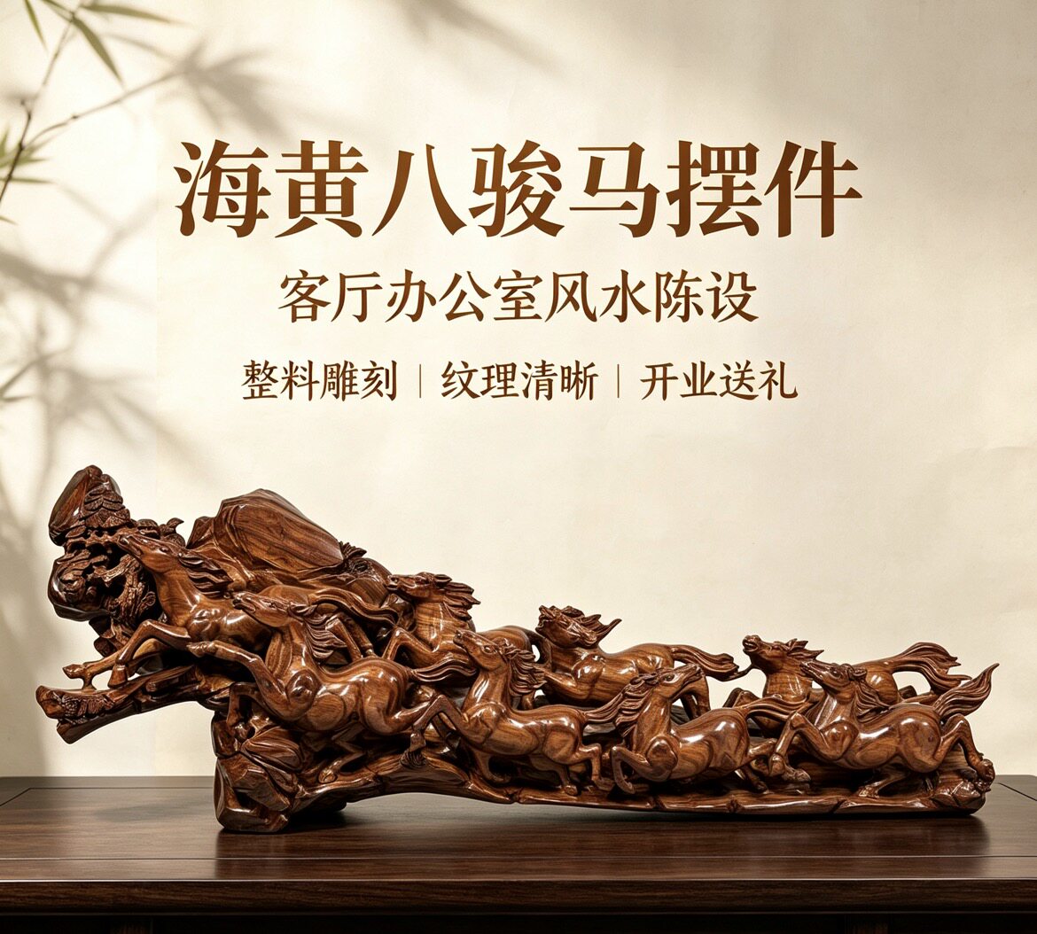 正宗海南黄花梨八骏马摆件油梨手工雕刻马到成功居家办公招财木雕