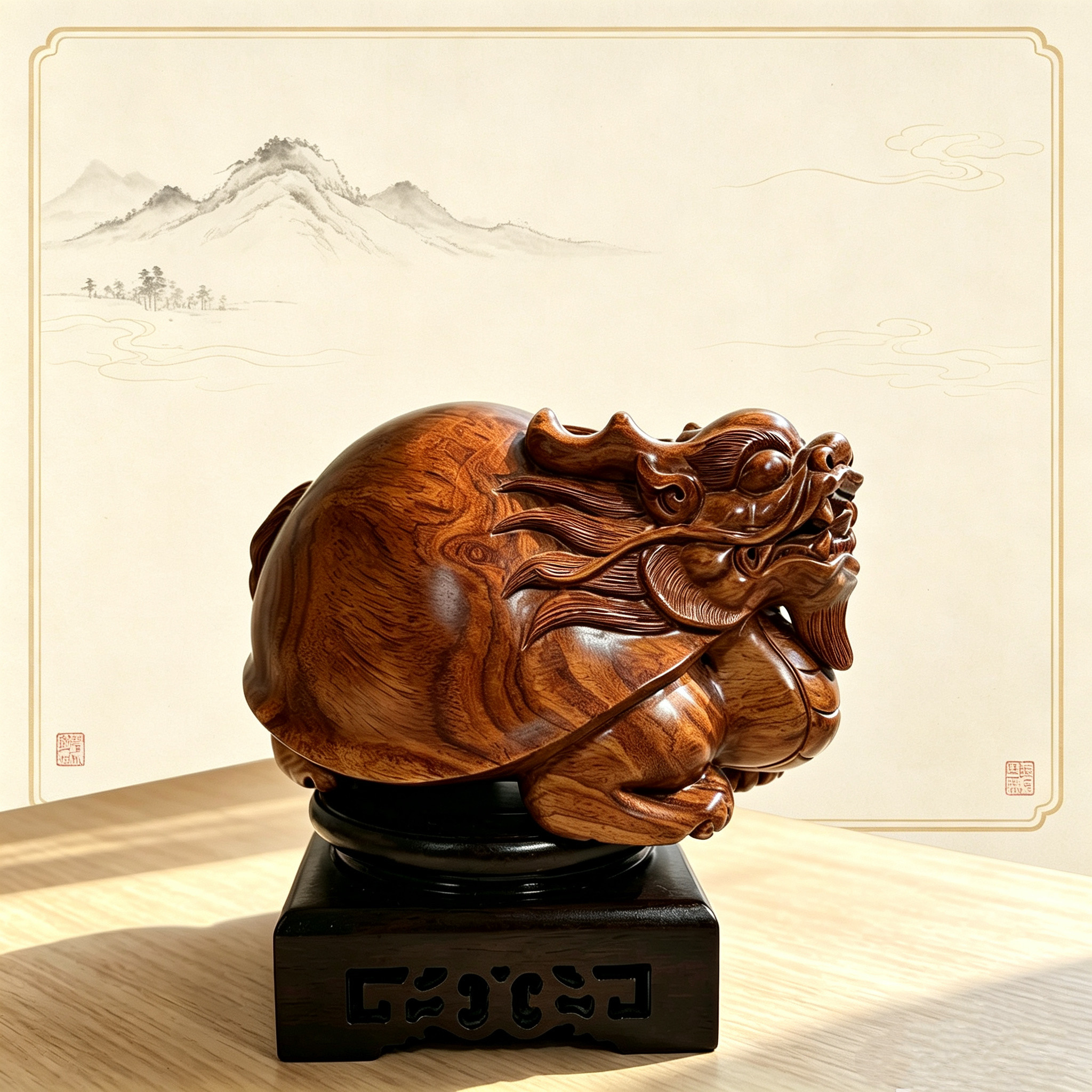正宗海南黄花梨龙龟木雕满水波纹瑞兽家居玄关招财实木工艺摆件