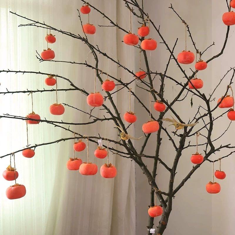仿真柿子头挂件墙上树枝秋日氛围装饰柿子头仿真花假树枝果实摆件