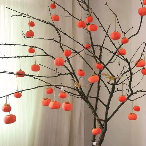 仿真柿子头挂件墙上树枝秋日氛围装饰柿子头仿真花假树枝果实摆件