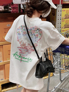 小众复古设计感纯棉情侣宽松港味chic上衣潮 胖mm正肩t恤女夏大码