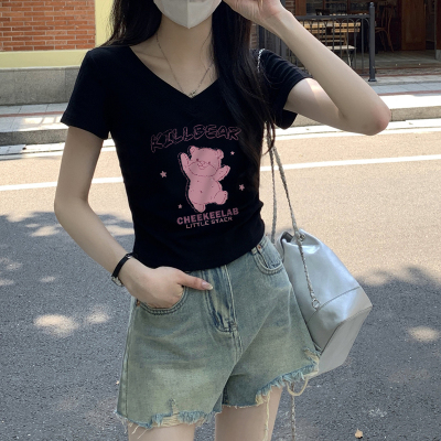 微胖显瘦v领短袖不规则洋气减龄