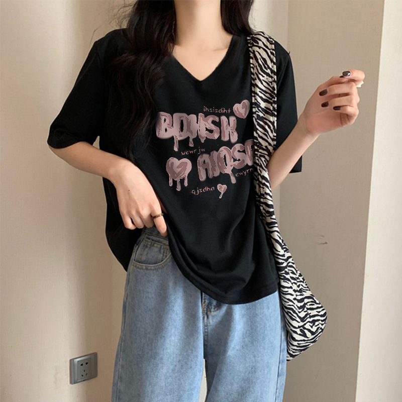 纯棉v领t恤女正肩短袖小众设计感