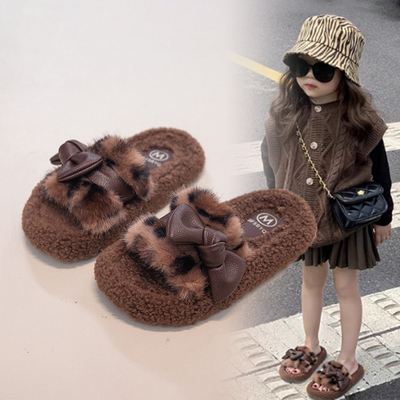 3-12女童豹纹毛毛鞋棉拖鞋外穿