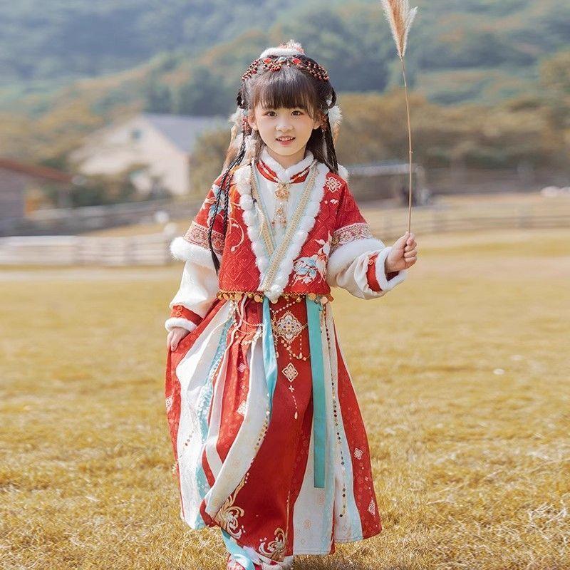 汉服女童冬季加绒古装拜年服女孩秋冬装国风过年加厚唐装连衣裙子