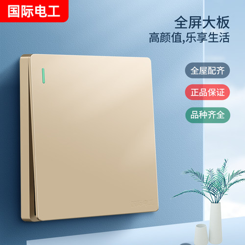 国际电工暗装开关面板家用86型一开五孔金色USB墙壁多孔电源插座
