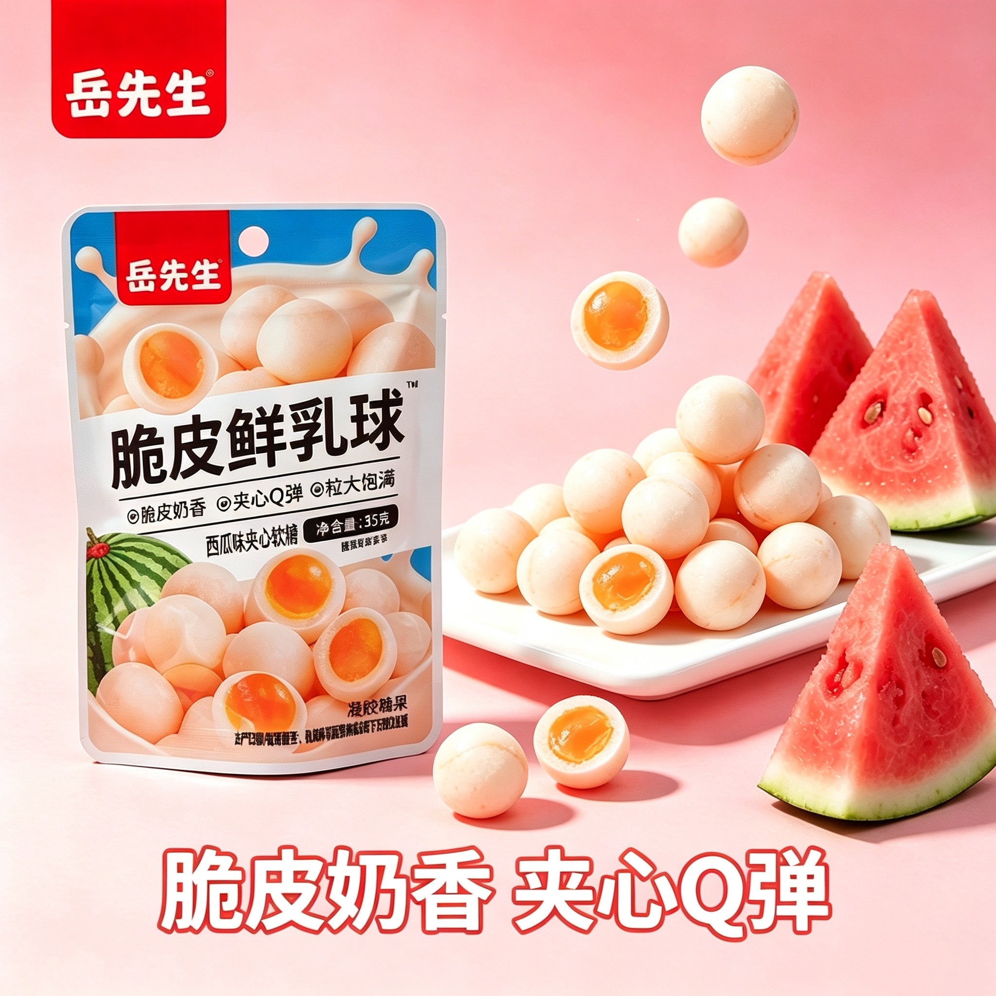 岳先生脆皮鲜乳球西瓜味网红夹心软糖休闲零食小时候味道结婚糖果