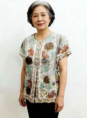 花色中式100%桑蚕丝纯真丝夏日凉爽短袖上衣送母亲妈妈大码XL