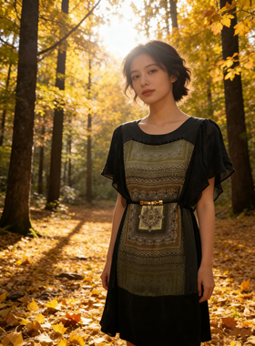 100%桑蚕丝全真丝民族风格正反花纹设计感泡泡袖连衣裙孤品独件