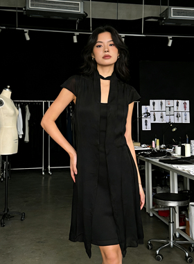 【超级特价】sefon臣枫专柜正品黑色显瘦假两件真丝桑蚕丝连衣裙L