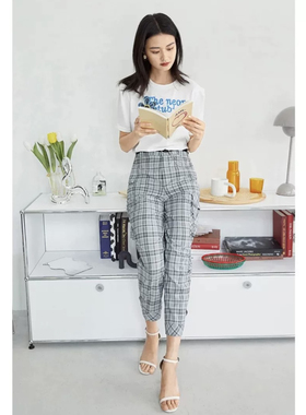 只剩S国内大品牌专柜春夏高腰格子休闲裤女直筒九分裤薄款休闲裤