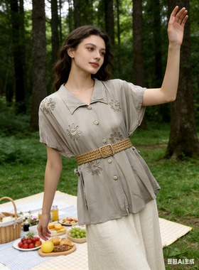 立体绣花绝版纯真丝100%桑蚕丝大码衬衣大尺寸亚麻色低调夏日凉爽