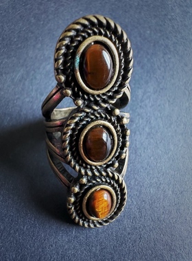纯铜镶嵌虎睛石鹰眼石雕花古董戒指 [欧美复古独家孤品/满百包邮]