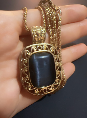 天然猫眼石金属镂空雕花镶嵌长链毛衣链欧洲宫廷古典个人设计师品