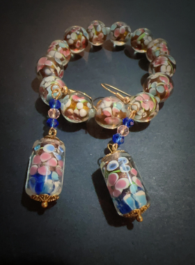 手工烧制古典琉璃花珠手串手链+耳环可拆分【满百包邮】