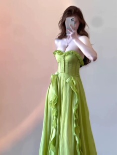 绿野仙踪立体荷叶边抹胸连衣裙飘逸仙女裙生日礼服度假裙