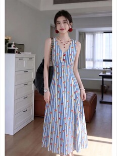 【海风与玫瑰】法式复古吊带连衣裙女夏碎花V领收腰长裙