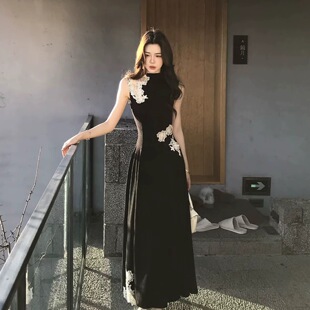 【墨上霜花】新中式蕾丝提花连衣裙女收腰显瘦气质裙