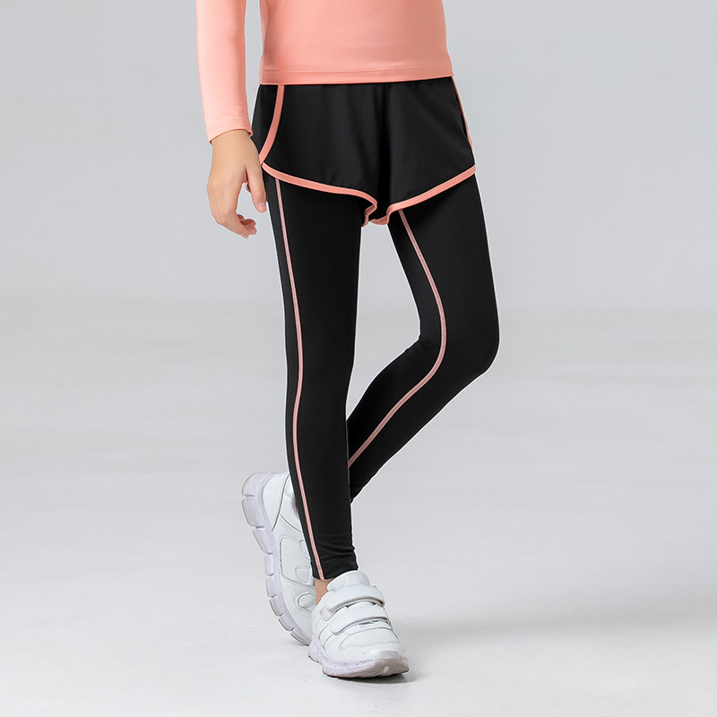 女童瑜伽运动紧身长裤儿童速干羽毛球网球训练裤假两件跑步健身裤