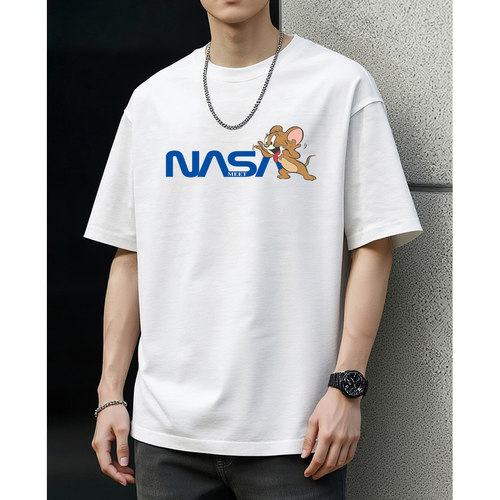NASA卡通印花短袖T恤男女同款宽松纯棉圆领休闲百搭潮流上衣情侣