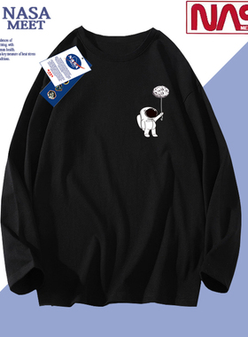 NASA MEET重磅长袖T恤男纯棉纯色宽松春秋款运动圆领白色内搭打底