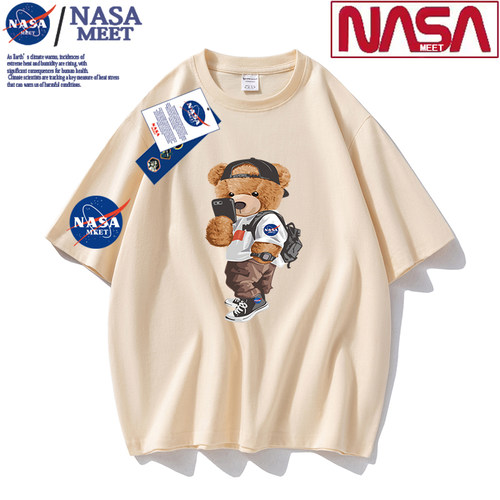 NASA重磅210克纯棉短袖t恤男女同款潮牌圆领印花半袖落肩时尚运动