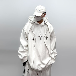 UUCSCC嘻哈美式重磅oversize垫肩连帽卫衣高街秋冬宽松大码帽衫男