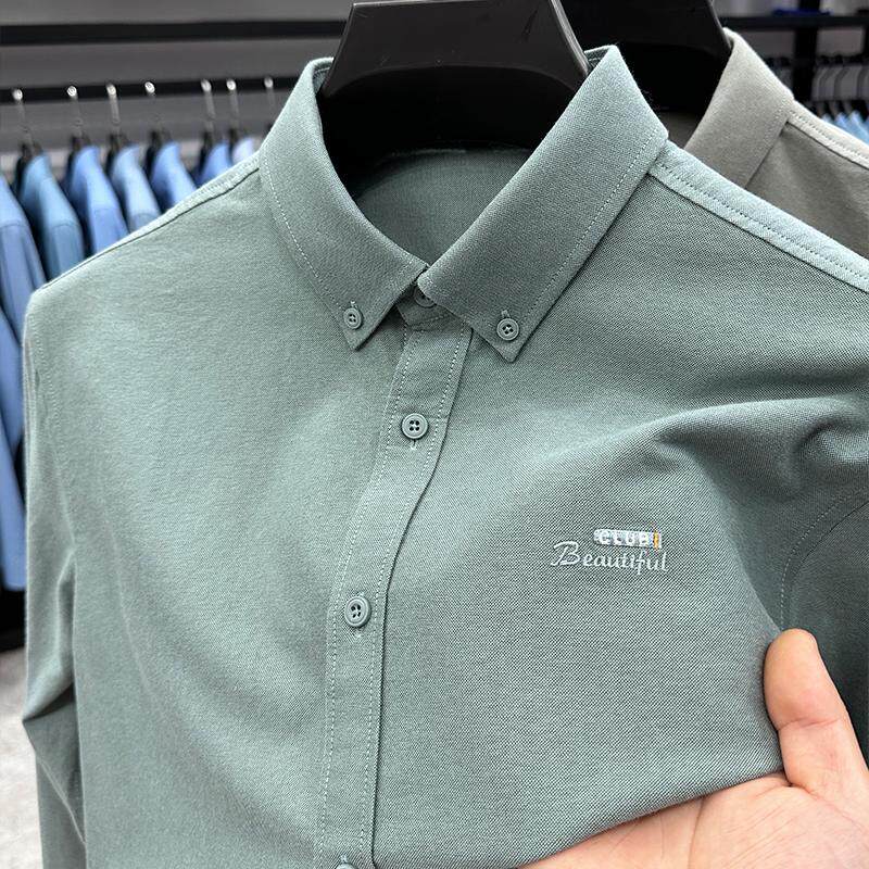 男士高端纯色休闲衬衫春秋季新款中年爸爸装100纯棉长袖衬衣上服