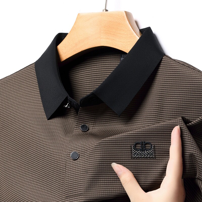 中年男士春秋季新款POLO衫冰丝长袖t恤衬衫领爸爸装冰丝条纹上衣