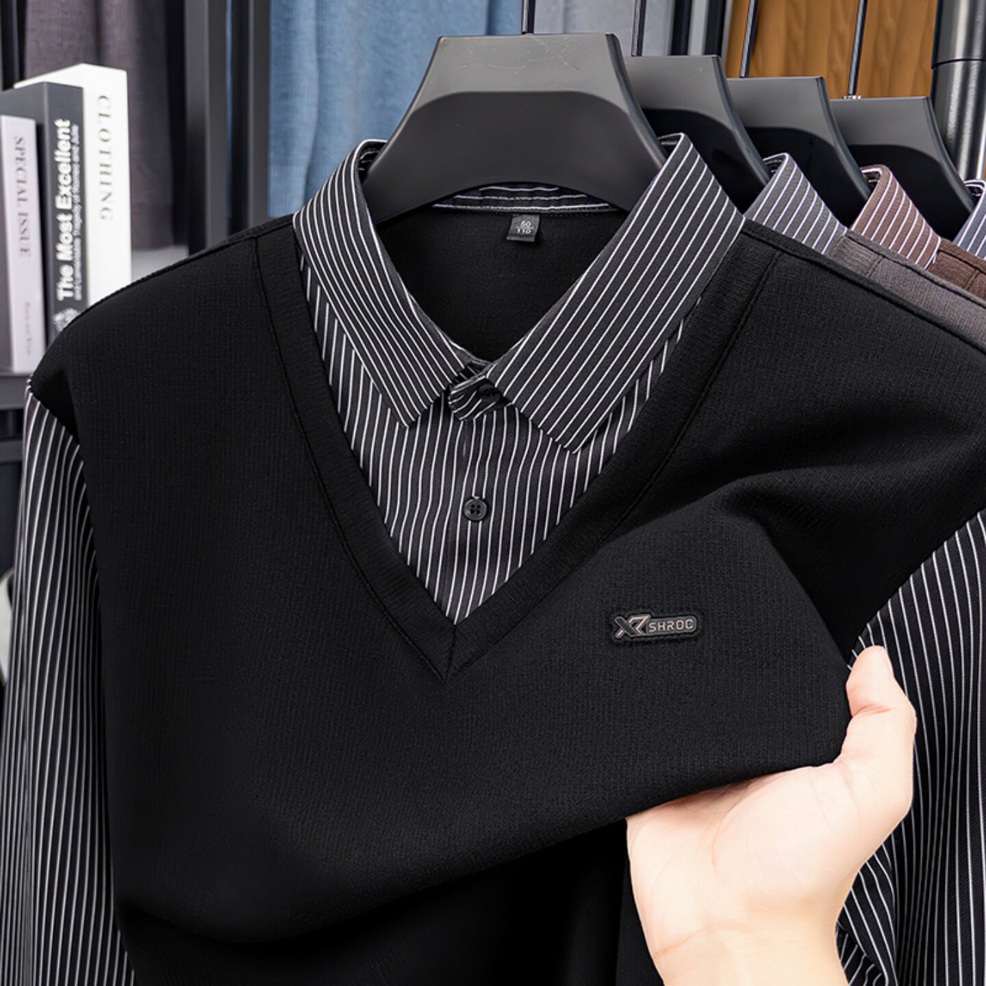 男士毛衣衬衫领针织衫秋冬季上衣中年爸爸装真假两件加厚内衣毛衣