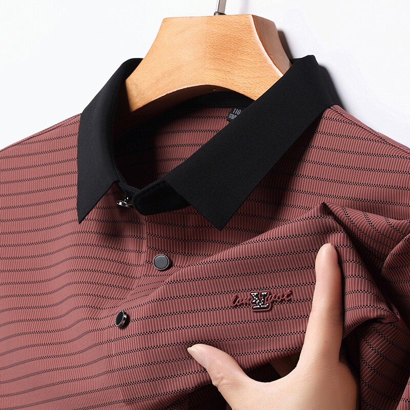 男士夏季条纹POLO衫粉色短袖t恤中年爸爸装显年轻冰丝翻领上衣服