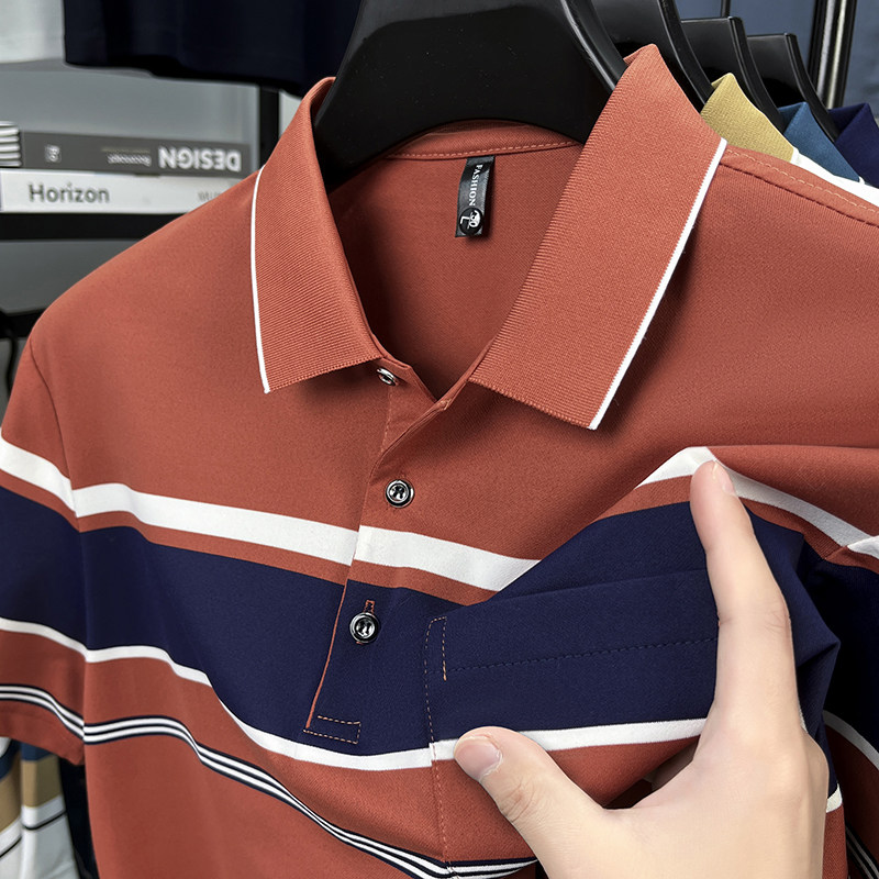 【真口袋】中年男士POLO衫短袖t恤翻有带领爸爸夏装冰丝条纹上衣