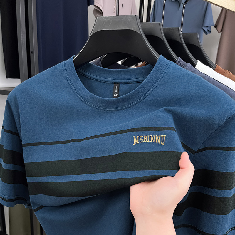 【100%纯棉】男士夏季POLO衫凉感短袖t恤中年爸爸装刺绣圆领上衣